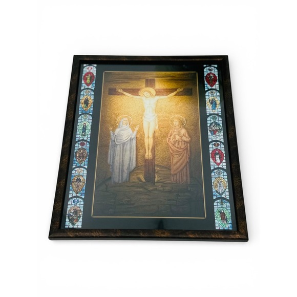Vintage Framed Crucifixion Picture Print Catholic Mary John Saints 15x12 - Picture 3 of 6